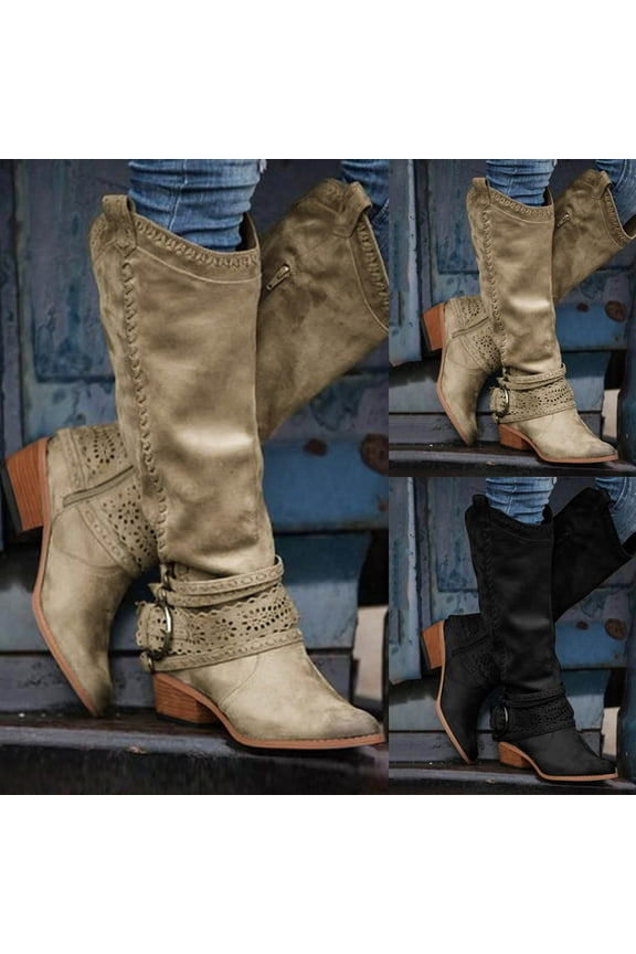 Hinvhai Women's Mid Calf Boots Slouchy Round Toe Flat Low Heel Riding Boots Purple 9.5(43)