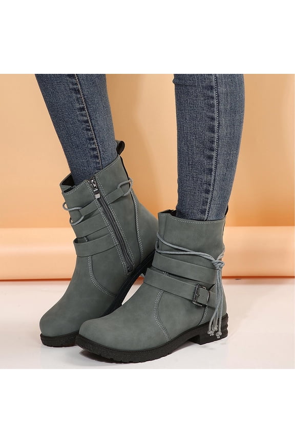 Women's Mid Calf Chunky Heel Moto Boots Low Heel Round Toe Fashion Boots Slip On Riding Booties Trendy Stylish Shoes Gray 6(37)