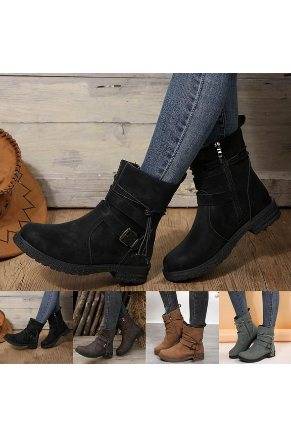 Women's Mid Calf Chunky Heel Moto Boots Low Heel Round Toe Fashion Boots Slip On Riding Booties Trendy Stylish Shoes Gray 9.5(43)