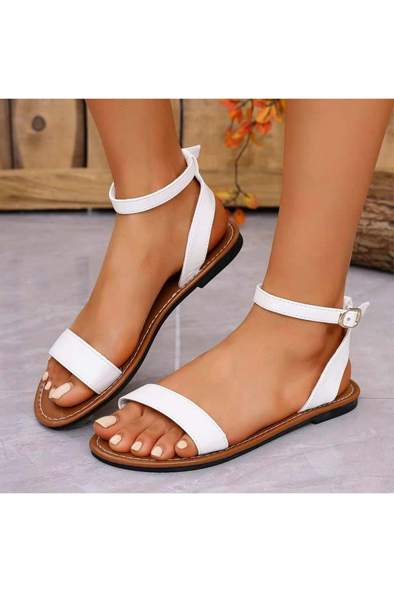 Women's One Band Ankle Strap Flat Sandals Open Toe Walking Sandals Shoes White 6(36)