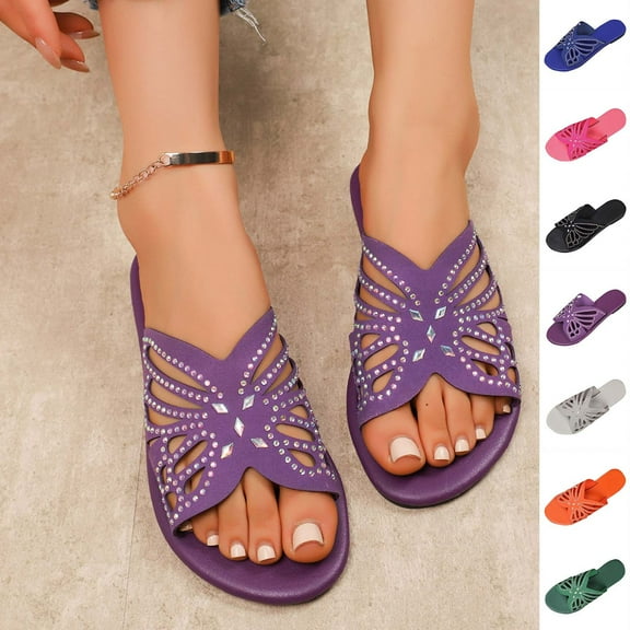 HaiMao Women's Open Toe Flat Sandals Clearance Rhinestone Glitter On Casual Fashion Slippers Quick Drying Indoor & Outdoor Slides Purple 9.5(43)