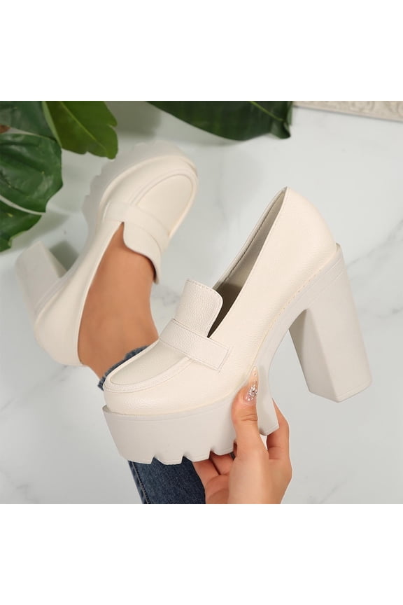 Women's Platform High Heel Loafers Square Toe Chunky Heels Slip On Pump Shoes Beige 6.5(38)