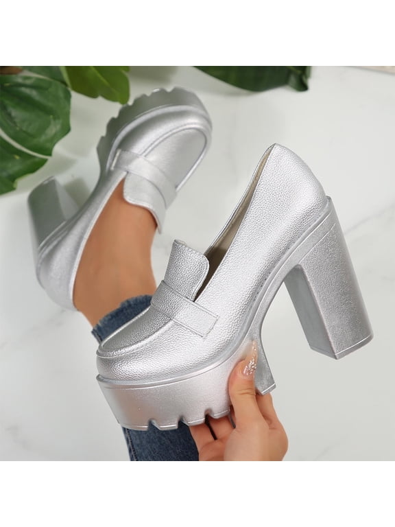 Women's Platform High Heel Loafers Square Toe Chunky Heels Slip On Pump Shoes Silver 6(37)