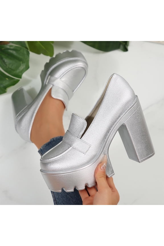 Women's Platform High Heel Loafers Square Toe Chunky Heels Slip On Pump Shoes Silver 6.5(38)