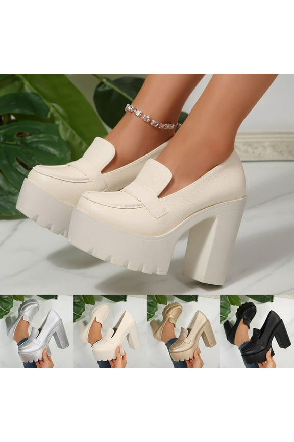 Women's Platform High Heel Loafers Square Toe Chunky Heels Slip On Pump Shoes Silver 9.5(43)