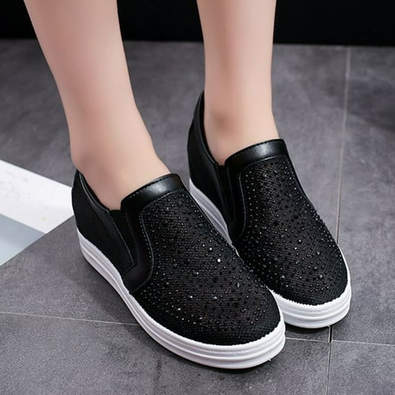 HaiMao Women's Rhinestone Slip On Sneakers Casual Comfort Platform Walking Shoes Glitter Bling Loafers Black 7.5(40)