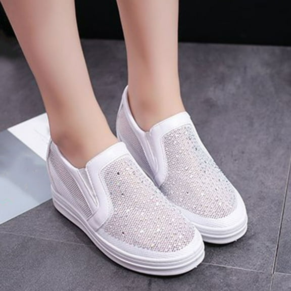HaiMao Women's Rhinestone Slip On Sneakers Casual Comfort Platform Walking Shoes Glitter Bling Loafers White 7.5(40)