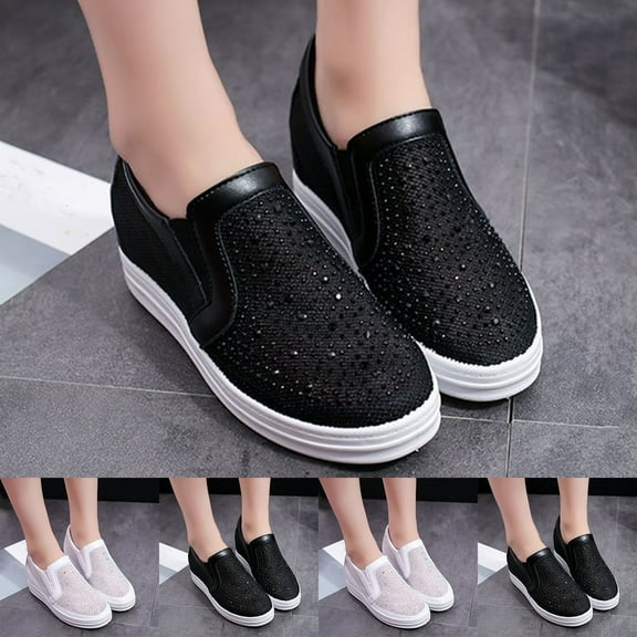 HaiMao Women's Rhinestone Slip On Sneakers Casual Comfort Platform Walking Shoes Glitter Bling Loafers White 8.5(41)