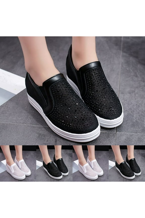 Women's Rhinestone Slip On Sneakers Casual Comfort Platform Walking Shoes Glitter Bling Loafers White 8.5(41)