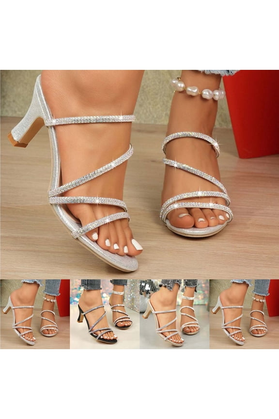Women's Rhinestone Sparkly Square Open Toe Low Heel Sandals Party Dress Pumps Shoes Silver 9.5(43)