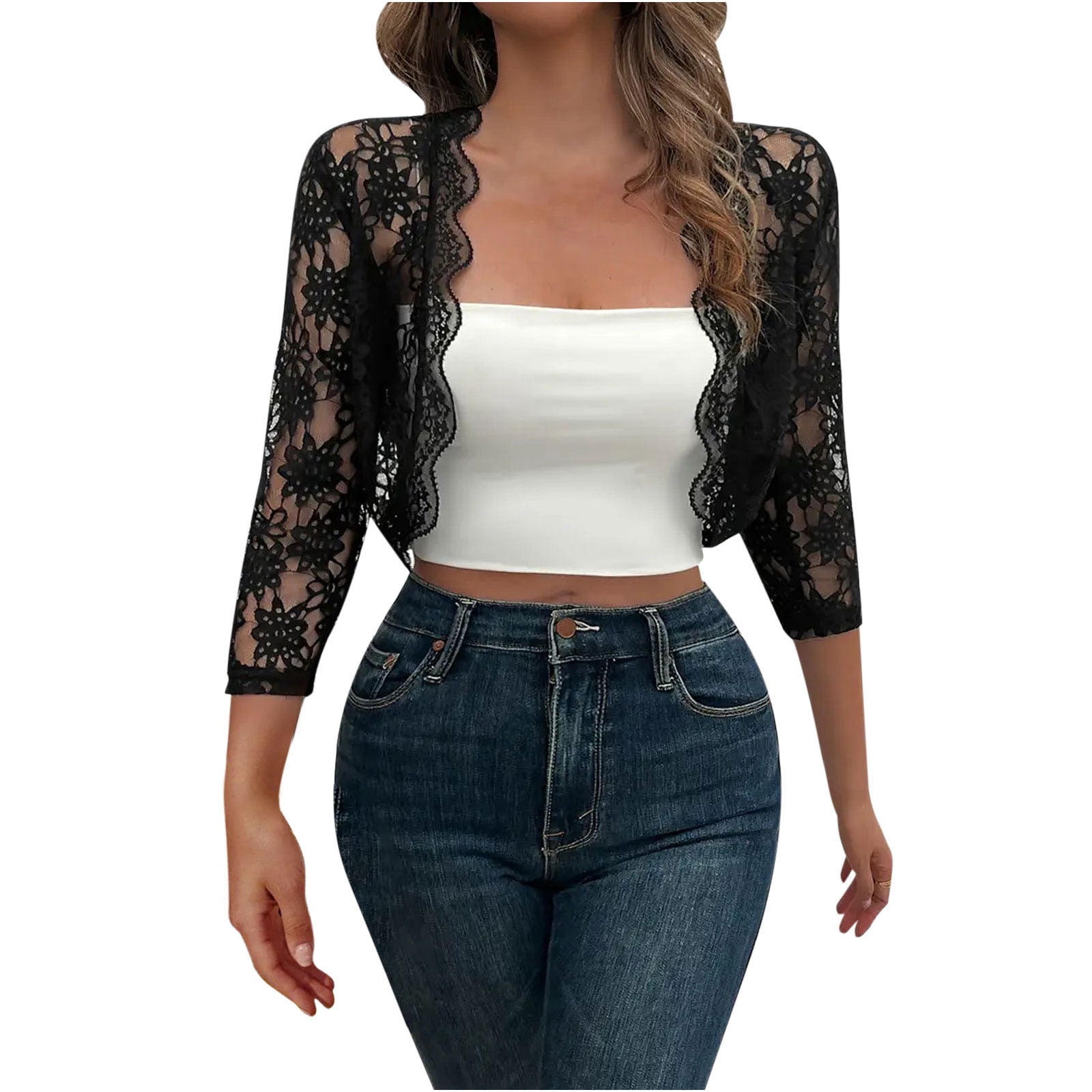 HaiMao Women's Sheer Lace Open Front 3/4 Sleeve Lightweight
