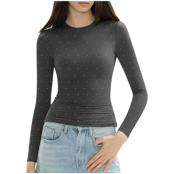 HaiMao Women's Shiny Rhinestone Shirts Clearance Turtle Neck Long Sleeve Slim Fit Top Gray 4(S)