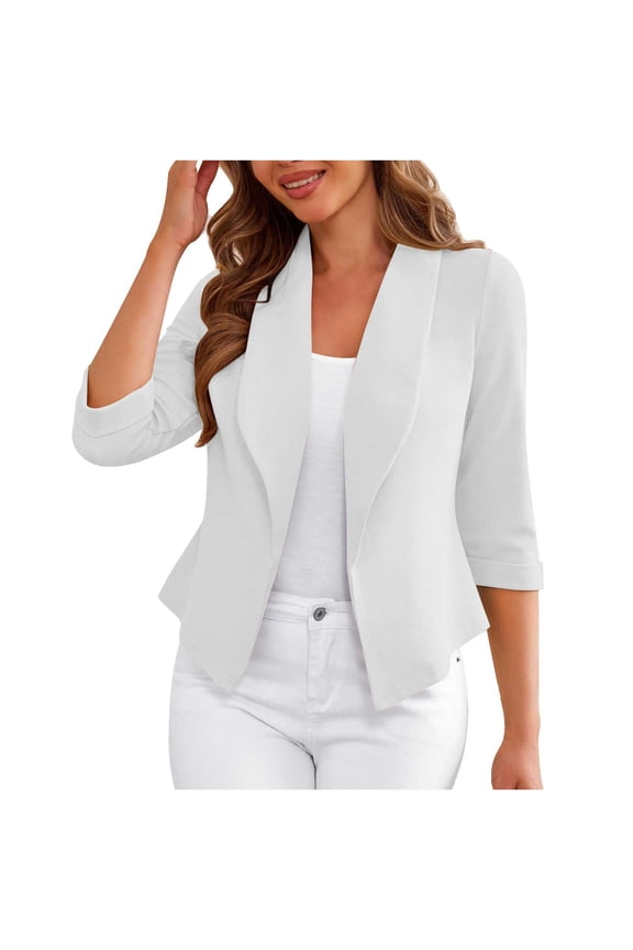 Women's Soft Stretchy Lightweight Cardigan Blazer 3/4 Ruched Sleeve Business Casual Blazer Jackets White M(M)