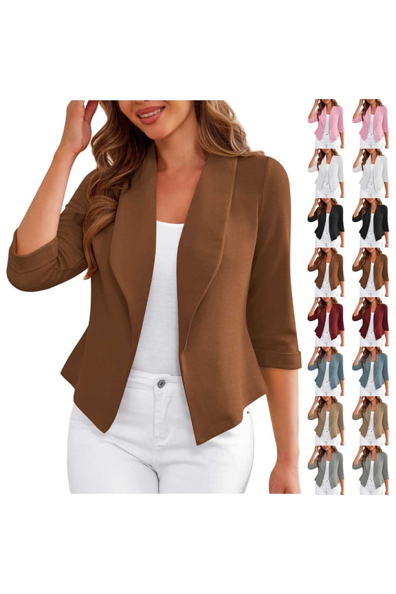 Women's Soft Stretchy Lightweight Cardigan Blazer 3/4 Ruched Sleeve Business Casual Blazer Jackets White XL(XL)
