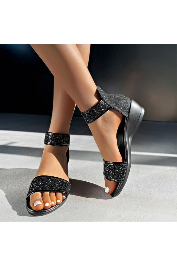Women's Sparkly Open Toe Low Block Heel Rhinestone Dress Sandals Wedding Shoes Black 7(39)
