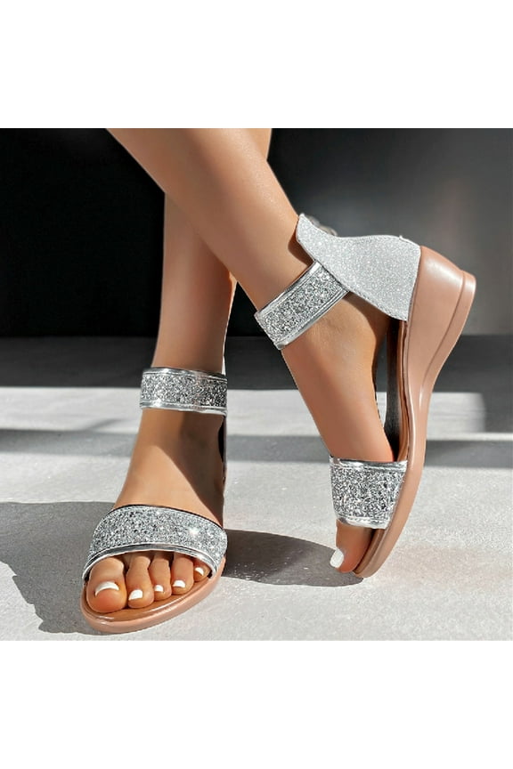 Women's Sparkly Open Toe Low Block Heel Rhinestone Dress Sandals Wedding Shoes Silver 9(42)