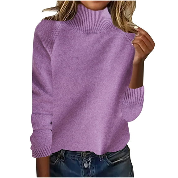 Hinvhai Women's Turtleneck Sweater Basic Petite Tunic Tops Pullover Solid Casual Lightweight Long Sleeve Knitwear Purple 6(M)