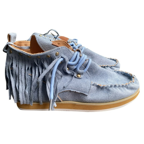 HaiMao Women's Vintage Cowboy Fringed Ankle Boots Clearance,Lightweight Comfy Suede High Top Round Toe Hippie Short Booties Blue 9.5(43)
