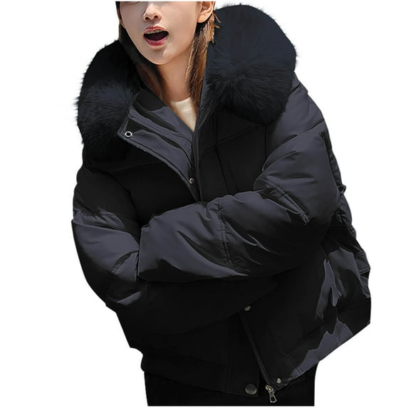 HaiMao Women's Winter Cropped Puffer Jacket Clearance Zip Long Sleeve Warm Short Coats Stand Collar Quilted Jacket with Pockets Black 8(L)