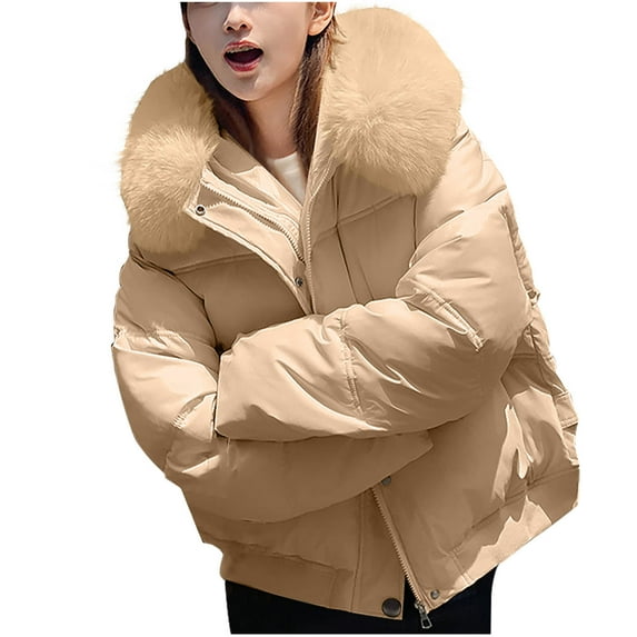 HaiMao Women's Winter Cropped Puffer Jacket Clearance Zip Long Sleeve Warm Short Coats Stand Collar Quilted Jacket with Pockets Khaki 6(M)