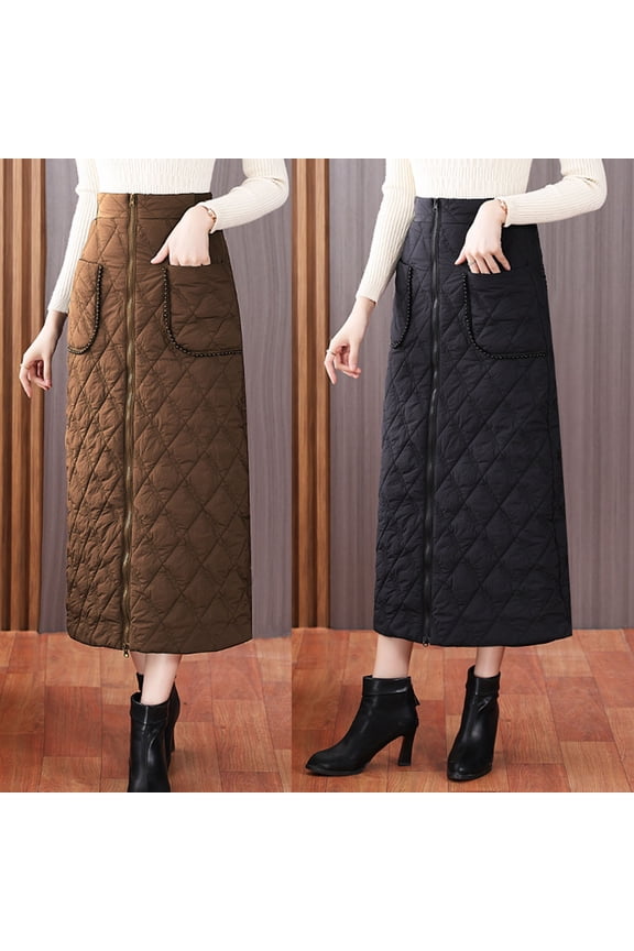 Women's Winter Insulated Long Down Skirts Elastic Waist Puffer Padded Windproof A-Line Maxi Skirts Khaki M
