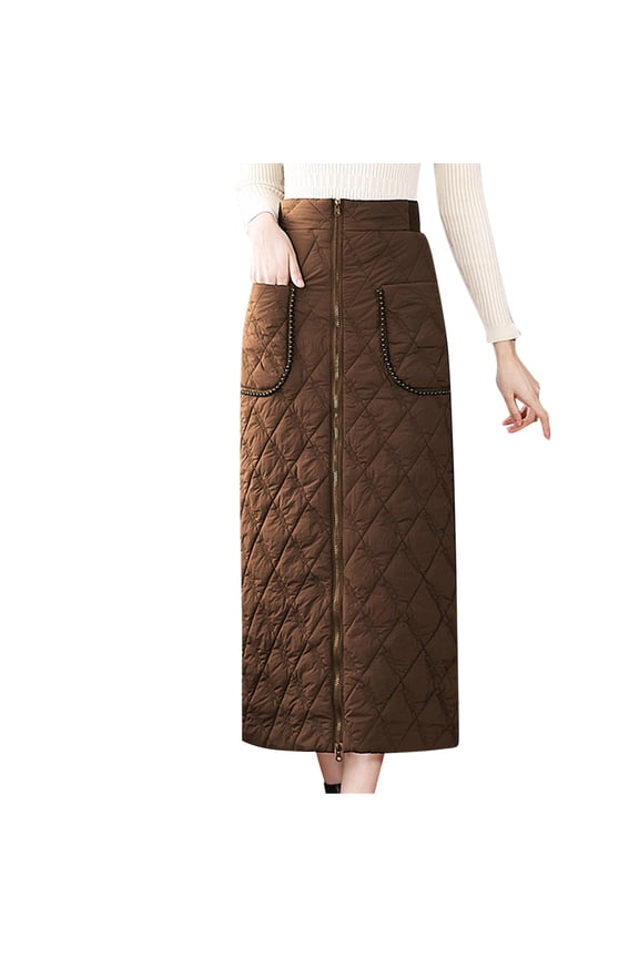 Women's Winter Insulated Long Down Skirts Elastic Waist Puffer Padded Windproof A-Line Maxi Skirts Khaki XXL