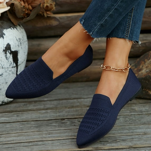 HaiMao Women's Woven Flats Clearance Pointy Fashion Cutouts Breathable Knit Flat Shoes Navy 6.5(38)