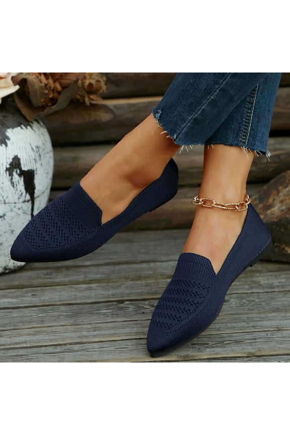 Women's Woven Flats Clearance Pointy Fashion Cutouts Breathable Knit Flat Shoes Navy 7(39)