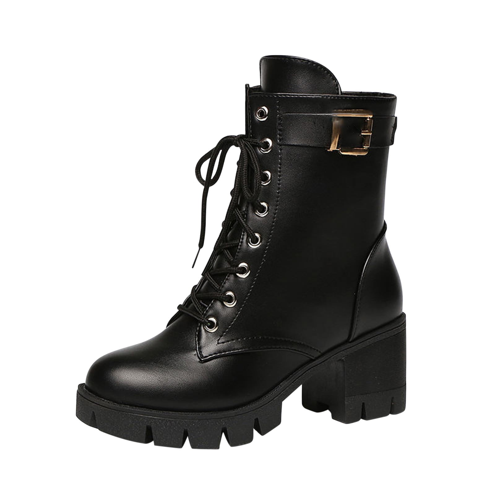 Platform Round Toe Stone Pattern Waisted Short Chunky Heels Ankle Boots