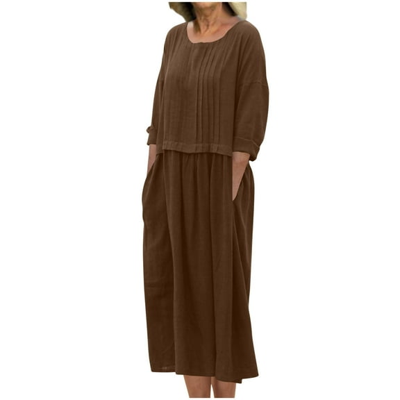 HaiMao Womens Cotton Linen Midi Dress Casual Loose Petite Solid A-line Dress Flowy Summer Beach Vacation Dress Coffee L(L)