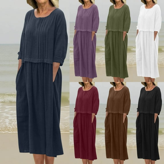 HaiMao Womens Cotton Linen Midi Dress Casual Loose Petite Solid A-line Dress Flowy Summer Beach Vacation Dress White XL(XL)