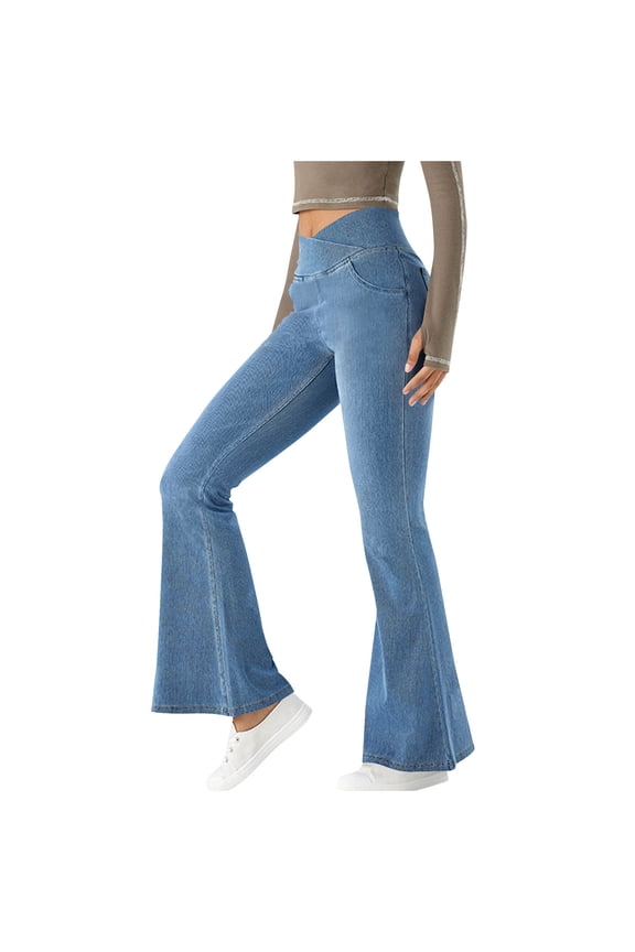 HaiMao Womens Drawstring High Waist Wide Leg Jeans Straight Leg Washed Denim Jeans Pants Light Blue 6(M)