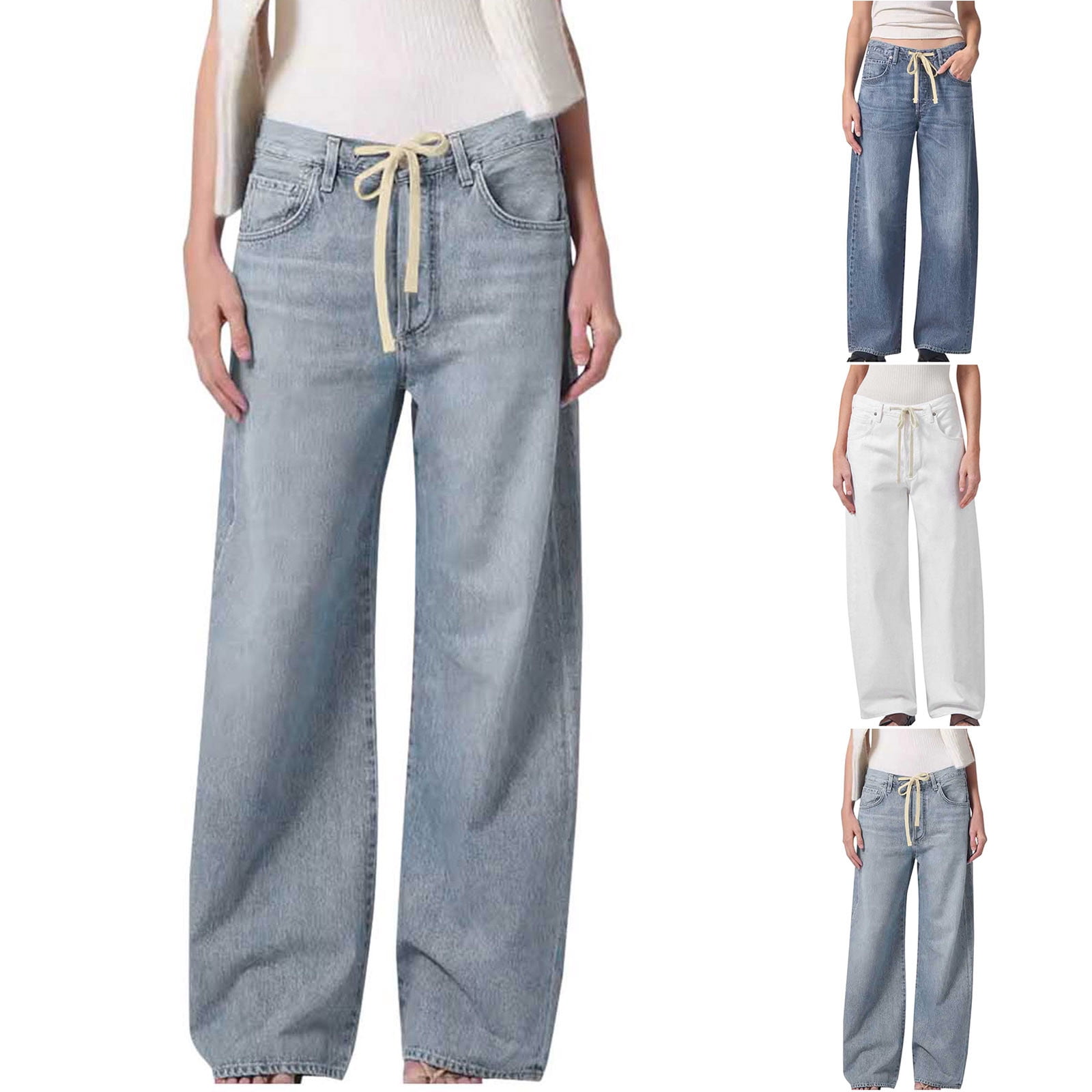 ★OY★WIDE VOLUME WASHED DENIM PANTS - LIGHT BLUE★正規品 HaiMao Womens Drawstring High Waist Wide Leg Jeans Clearance