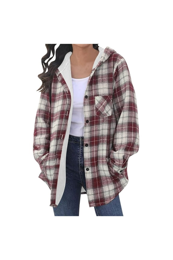 Womens Fleece Lined Plaid Shacket Jacket Hoodies Clearance Flannel Button Down Boyfriend Shirts Winter Coats with Pockets Red 8(L)
