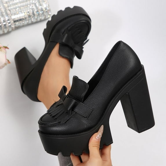 HaiMao Womens Loafers Platform Lug Sole Chunky Heel Slip on Round Toe Loafers Casual Fashion Business Work Shoes Black 6.5(38)
