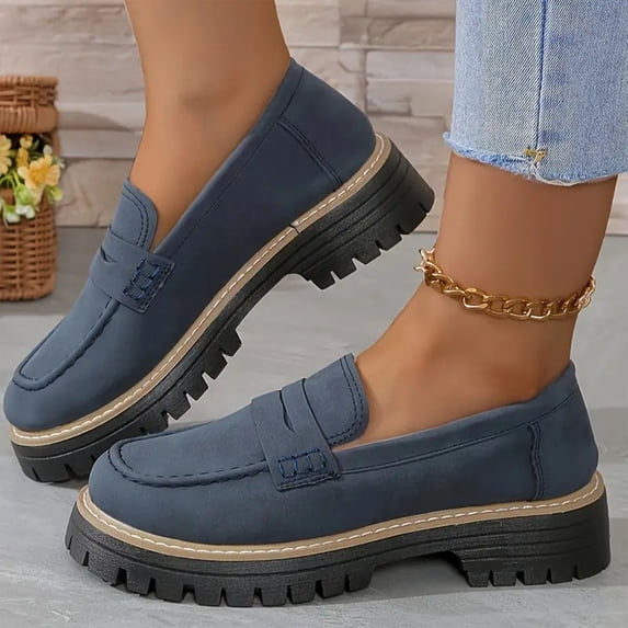 HaiMao Womens Loafers Slip On Casual Chunky Platform Heel Loafers Clearance Classic Penny Dressy Comfy Business Work Shoes Dark Blue 5.5(36)