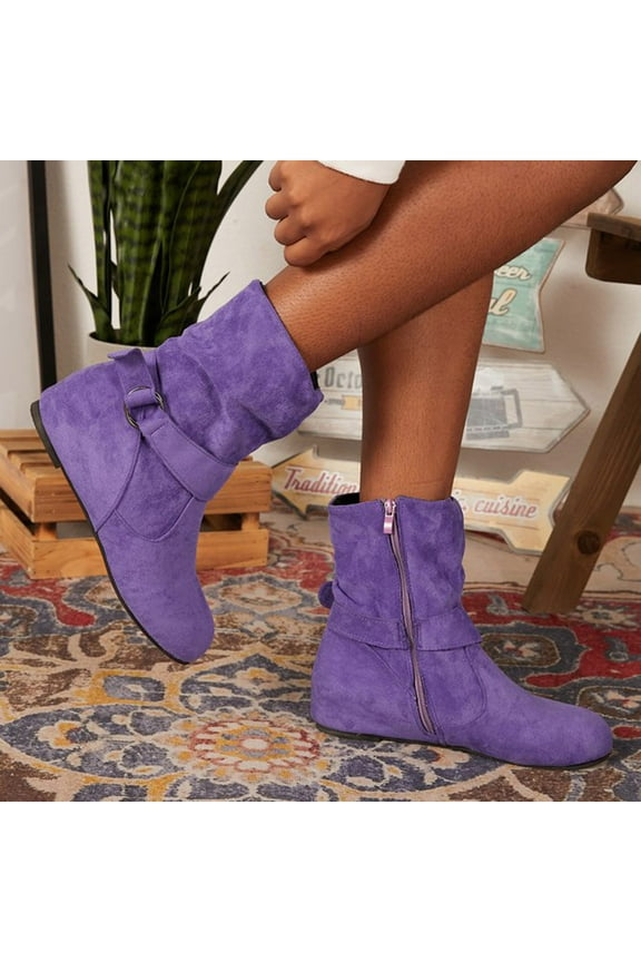 Womens Low Heel Boots Slouch Suede Slip On Casual Ankle Boots with Ring Buckle Purple 8(41)