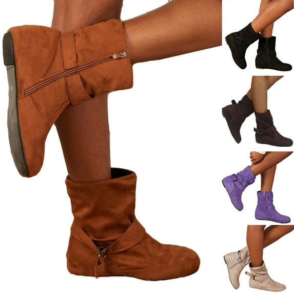 HaiMao Womens Low Heel Boots Slouch Suede Slip On Casual Ankle Boots with Ring Buckle Yellow 9(43)