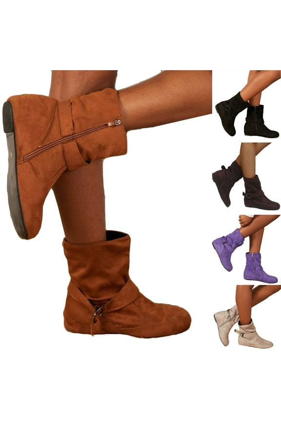 HaiMao Womens Low Heel Boots Slouch Suede Slip On Casual Ankle Boots with Ring Buckle Yellow 9(43)