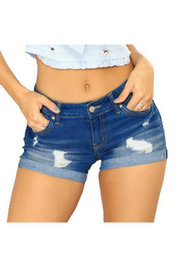 Womens Mid Waist Denim Shorts Ripped Hole Juniors Short Jeans Blue 6(M)