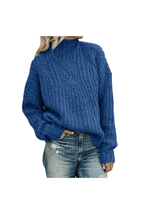 Womens Pullover Sweaters Turtleneck Long Sleeve Chunky Knit Sweater Tops Casual Fashion Solid Color High Neck Sweater Blue 8-10(L)