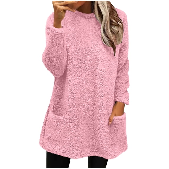 Hinvhai Womens Round Neck Fleece Sweatshirt Tops ry Warm Loungewear Fuzzy Sweatshirts with Pocket Shaggy Jackets Pink 12(XXL)