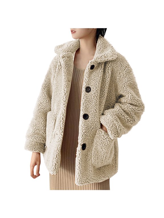 Womens Sherpa Fleece Jackets Fuzzy Warm Winter Jackets Button Down Teddy Coat Long Sleeve Outwear with Pockets Beige 6(M)