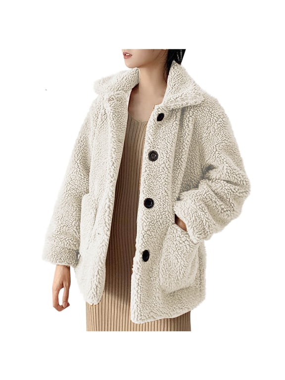Womens Sherpa Fleece Jackets Fuzzy Warm Winter Jackets Button Down Teddy Coat Long Sleeve Outwear with Pockets White 4(S)