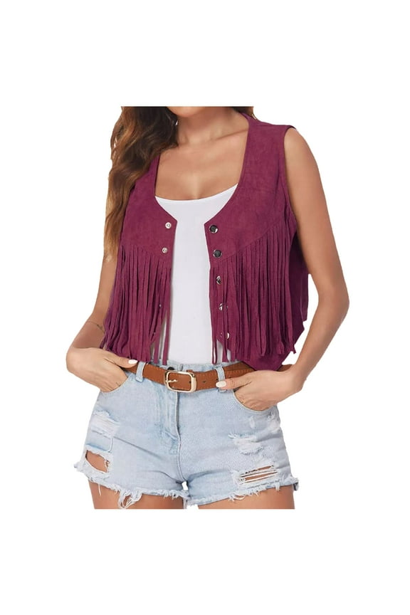 Womens Vintage Western Fringe Vest Tops Classic 70s Cowboy Solid Mini Shirt Sleeveless Tassels Short Cardigan Jackets Hot Pink 12(XXL)