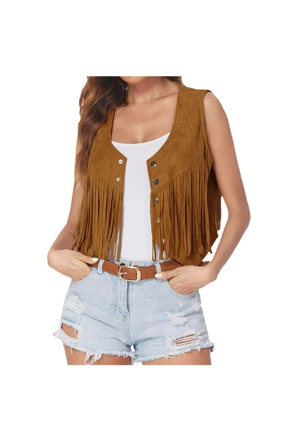 Womens Vintage Western Fringe Vest Tops Classic 70s Cowboy Solid Mini Shirt Sleeveless Tassels Short Cardigan Jackets Khaki 12(XXL)