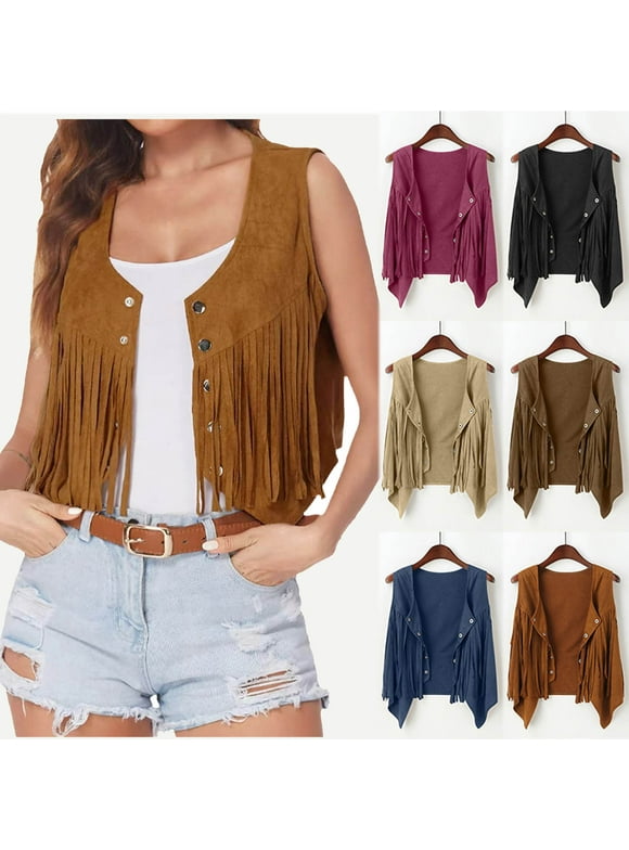 Womens Vintage Western Fringe Vest Tops Classic 70s Cowboy Solid Mini Shirt Sleeveless Tassels Short Cardigan Jackets Navy 10(XL)