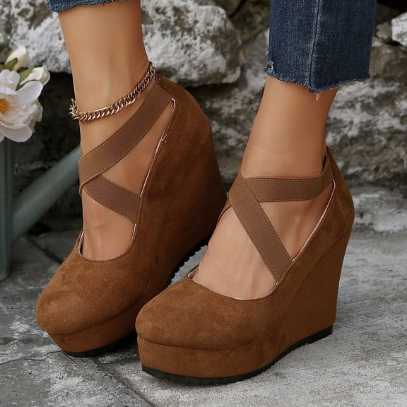 HaiMao Womens Wedge Sandals, Closed Toe Platform for Women Slip on Elastic Ankle Strap Casual Comfortable Wedge Sandals Brown 6.5(38)