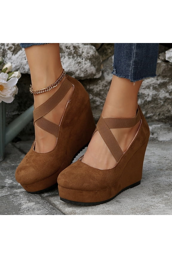 Womens Wedge Sandals, Closed Toe Platform for Women Slip on Elastic Ankle Strap Casual Comfortable Wedge Sandals Brown 6.5(38)