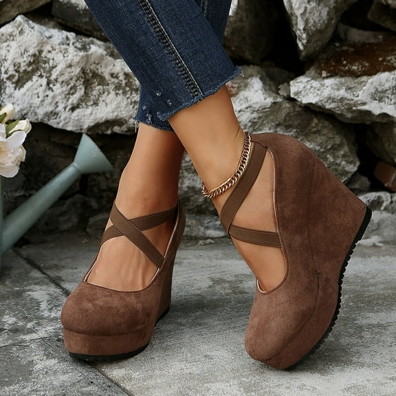 HaiMao Womens Wedge Sandals, Closed Toe Platform for Women Slip on Elastic Ankle Strap Casual Comfortable Wedge Sandals Coffee 7.5(40)